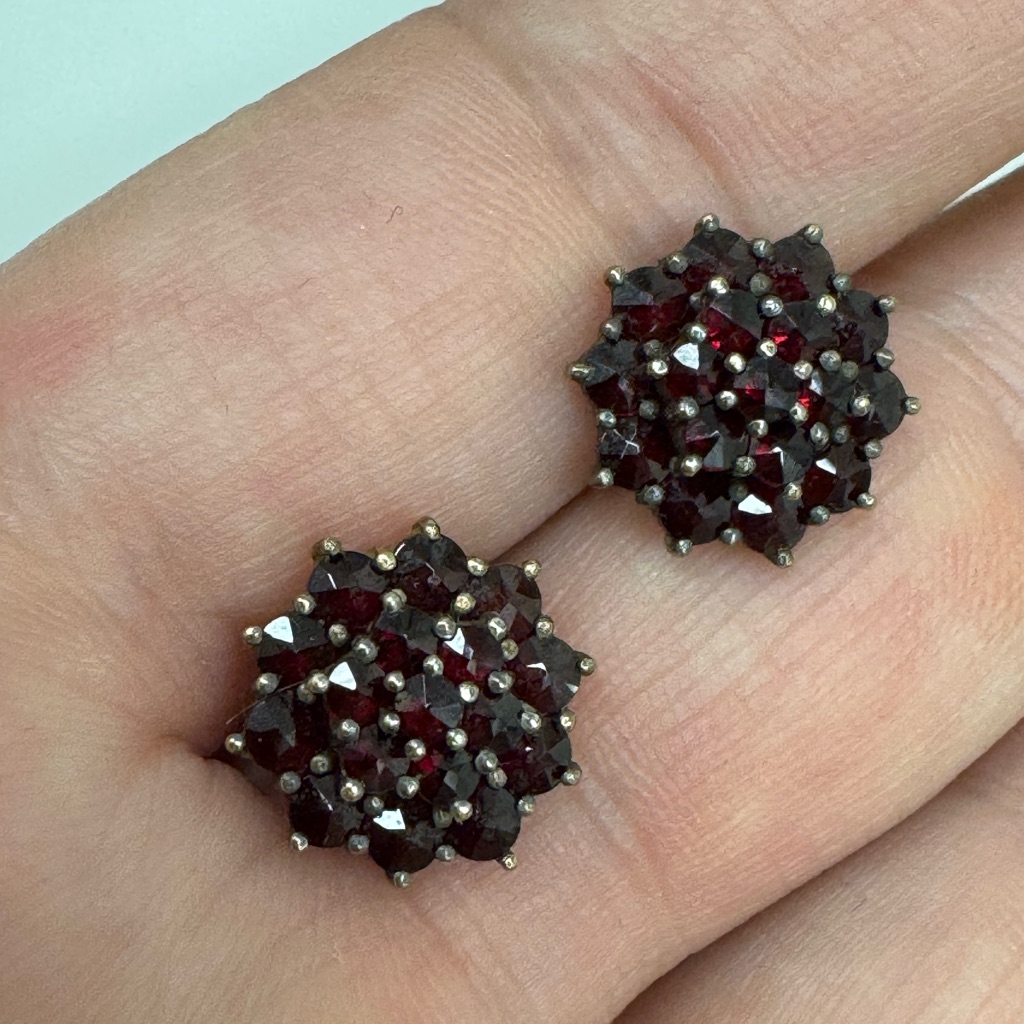 Antique Bohemian 14k Yellow Gold Faceted Garnet Cluster Post Earrings